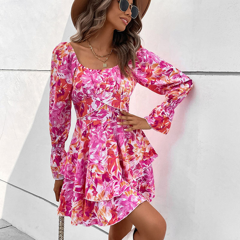 Charming Square Collar Ruffled Sweet Cake Dress for Autumn and Winter Women's Fashion