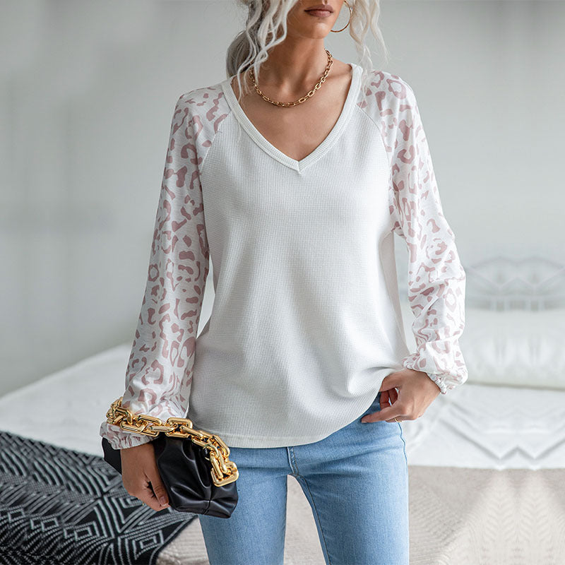 Early Autumn Casual Women's Fashion Long-Sleeved Leopard V-Neck Knitwear Female Autumn