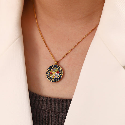 5pcs All Fashion Titanium Steel Not Fade Necklace Twelve Constellations Drop Oil Inlaid Multicolor Diamond Pendant Necklace Women