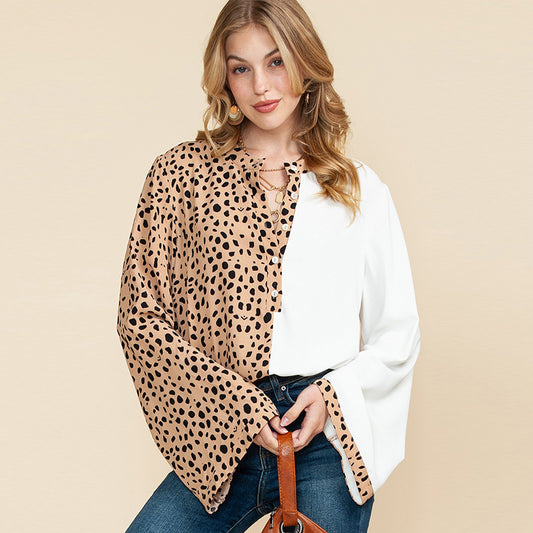 Autumn New Color Contrast Long-Sleeved Shirt Women Thin Personality Leopard Print Shirt