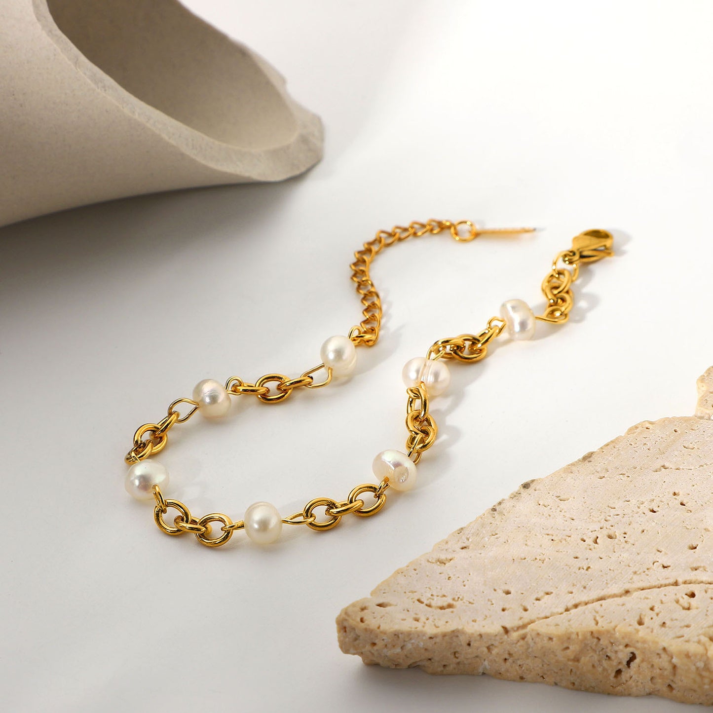 5pcs Hot Stainless Steel 18K Gold Plated 6 Natural Light Pearl Chain Bracelet Women's Bracelet