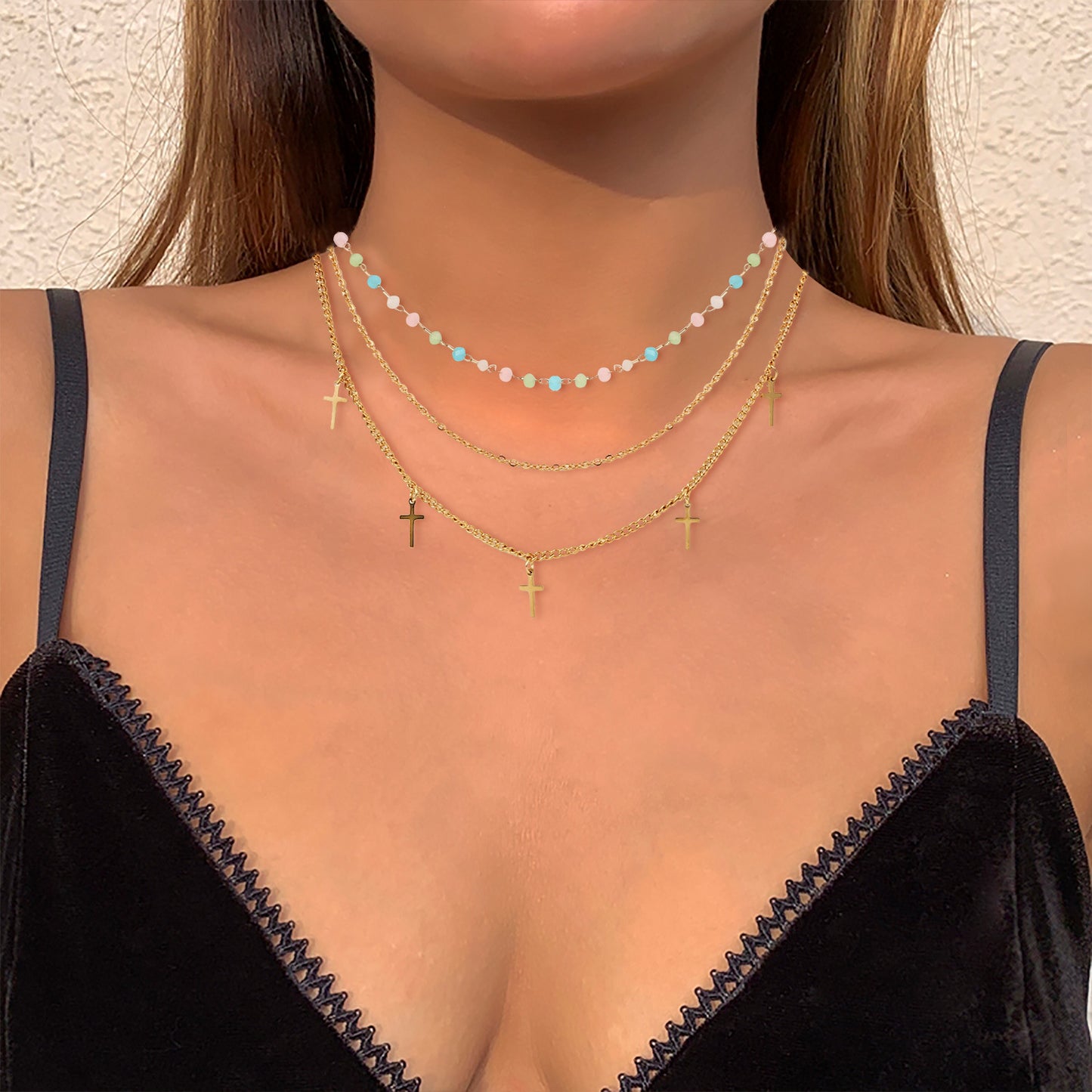 5pcs 18K Gold-Plated Stainless Steel Necklace Colored Stone Round Bead Chain Cross Fringe Pendant Three Layer Necklace Women