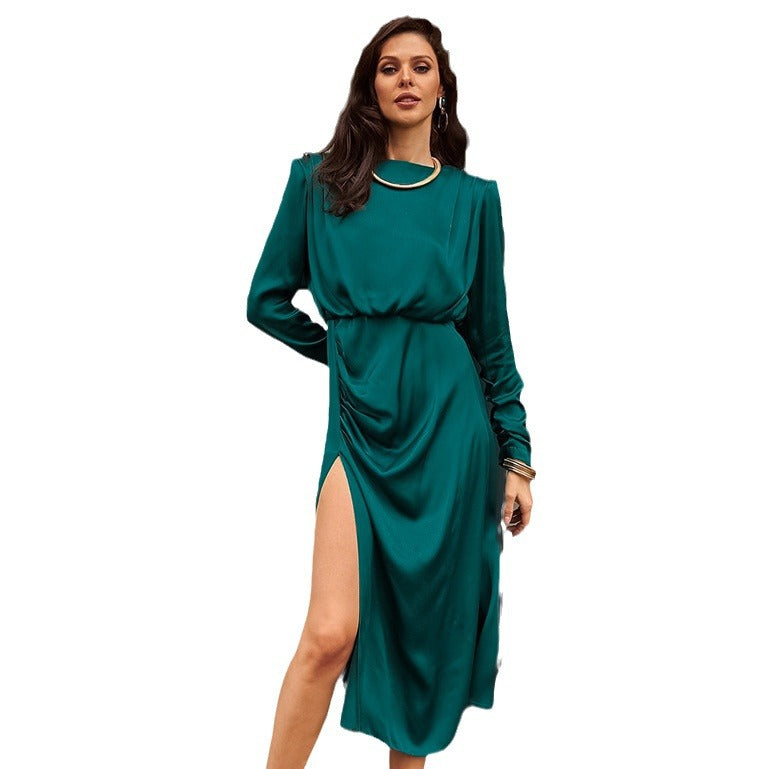 Dark Green Imitation Acetate Butyl Sexy Slit Dress New Spring Fashion Commuter Woman