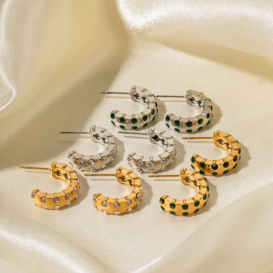 5pcs 16K Gold-Plated Stainless Steel Inlaid Zircon C-Shaped Earrings Do Not Fade Polished Earrings Women Fashion Accessories