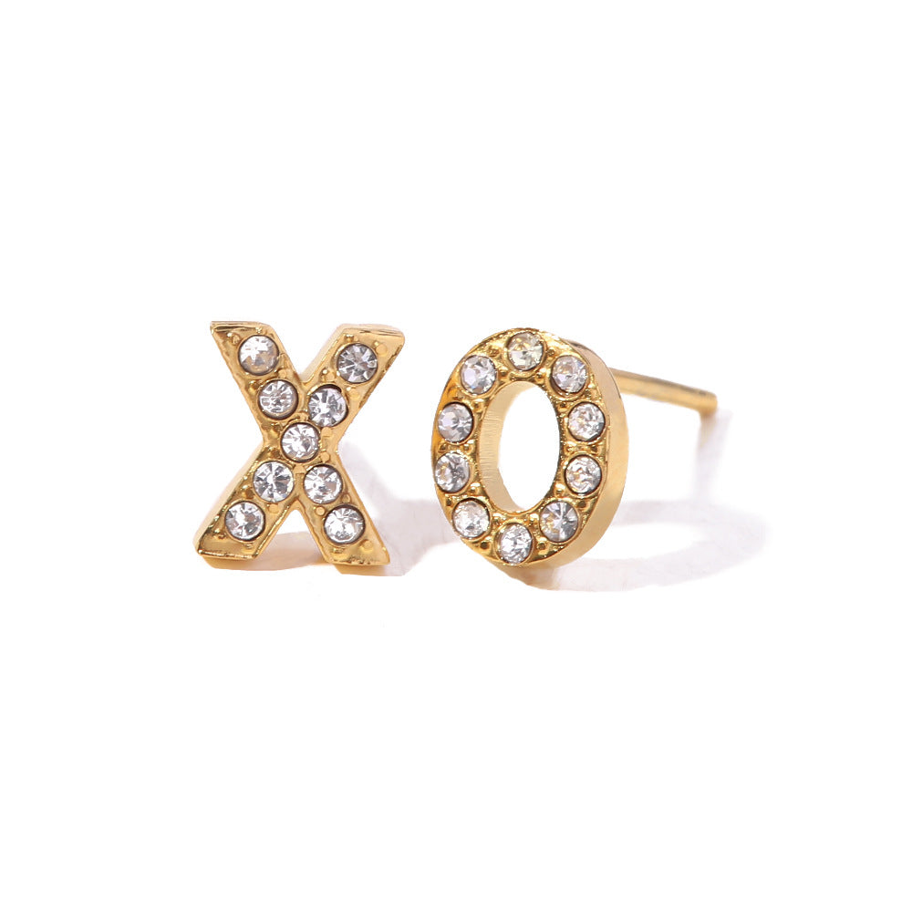5pcs Fashion Mini Round Diamond Zircon Titanium Steel Letter Stud Earrings 18K Gold Stainless Steel Xo Letter Stud Earrings