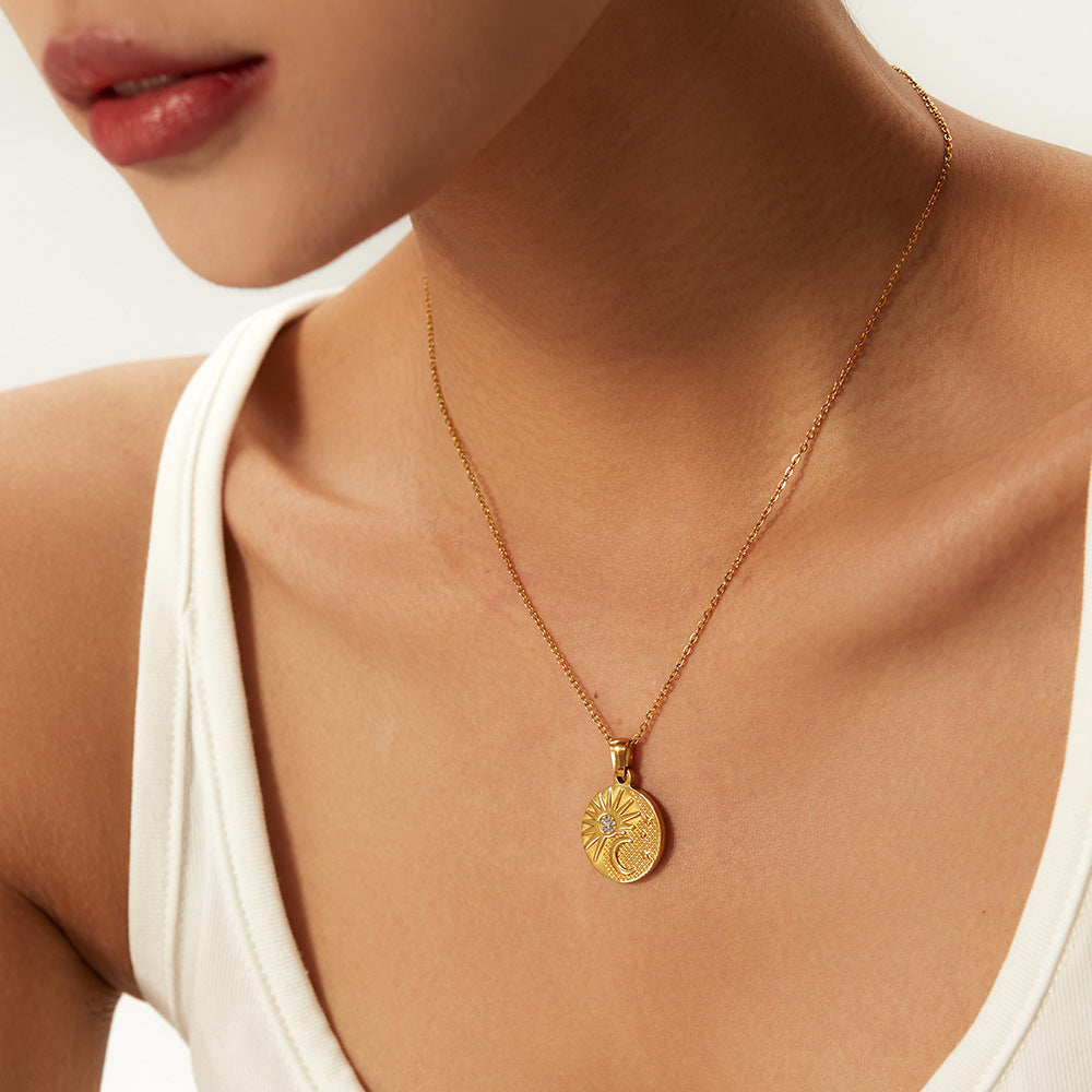5pcs Titanium Steel Necklace 18K Gold Plated Stainless Steel Zircon Sun Half Moon Pendant Necklace Women
