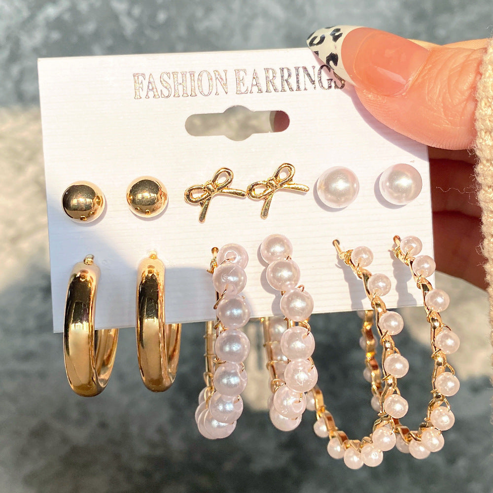 5 Sets New Pearl Earrings Set for Women Retro Metal Geometric C-Shaped 5 pairs Earrings