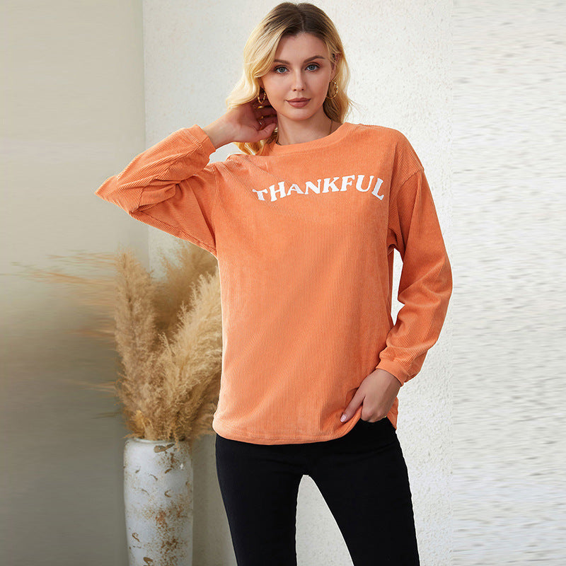 Letter-Printed Simple Hoodless Pullover Round Neck Hoodie Woman Solid Color Long Sleeve Undershirt Woman