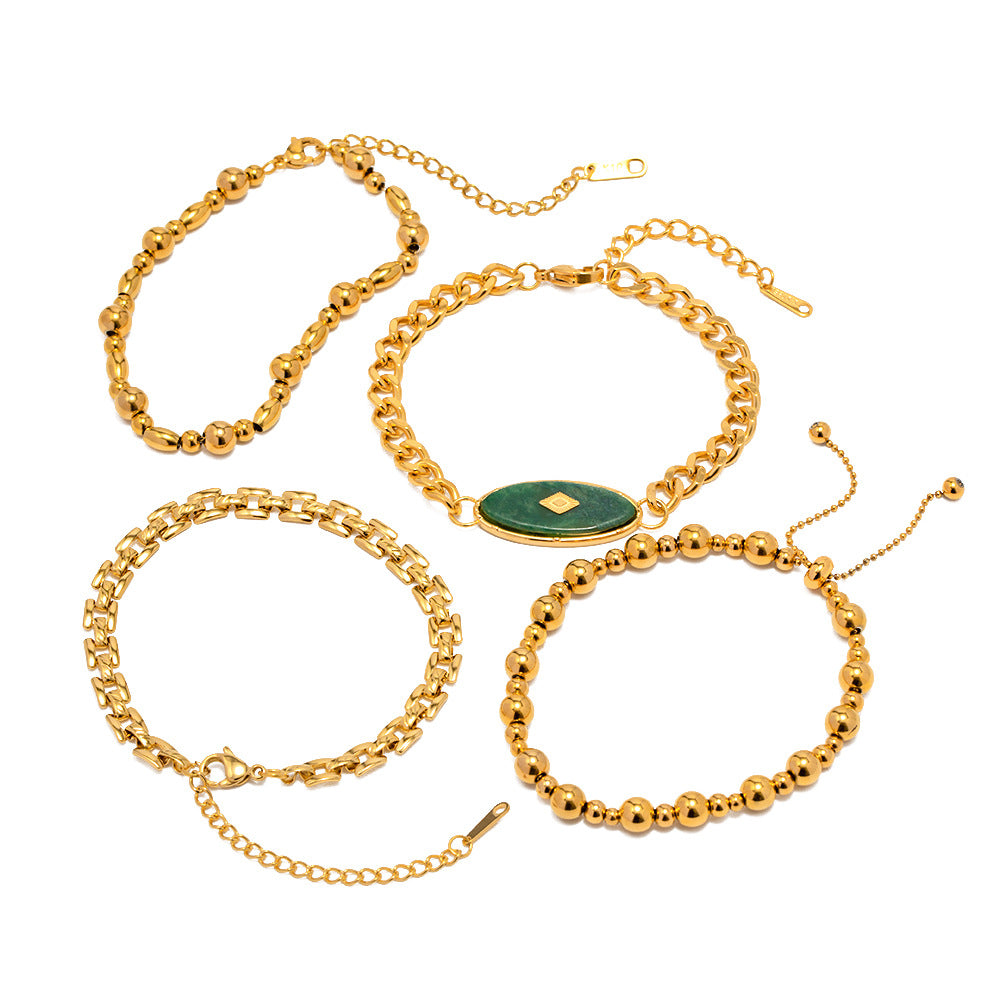 5pcs National Style Inlaid African Jade Retro Bracelet Does Not Fade Light Luxury Niche Titanium Steel Bracelet
