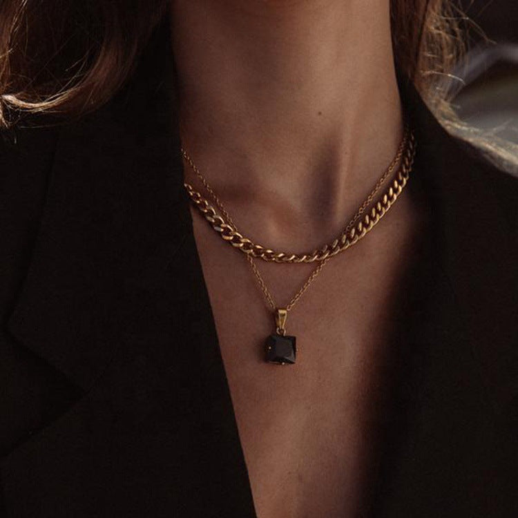 5pcs Elegant Pendant Necklace 18K Gold Stainless Steel Large White // Green/Black Square Zirconium Pendant Necklace