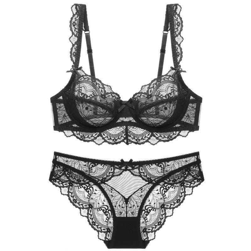 Sexy Underwear Women Ultra Thin Hollow No Sponge Transparent Lace Underwear Big Breasts Small Big Size Bra Set