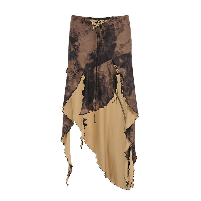 Holiday Style Vintage Print Ruffled Irregular Lace-Up Skirt Spice Girl Fashion Sexy Hip Lift Skirt