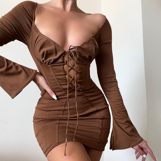 Autumn And Winter Women's New Dress Long Sleeve V-Neck Spice Girl Bag Hip Skirt Sheath Women's Dress Female Autumn