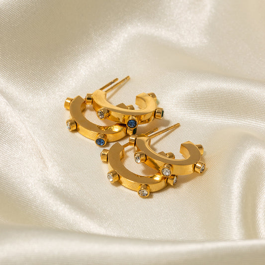 5pcs Over-The-Top Design 18K Stainless Steel Colored Diamond C-Shaped Stud Earrings With Titanium Steel Earrings