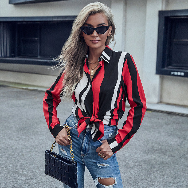 Early Autumn Fashion Women's Long-Sleeved Lapel Striped Shirt
