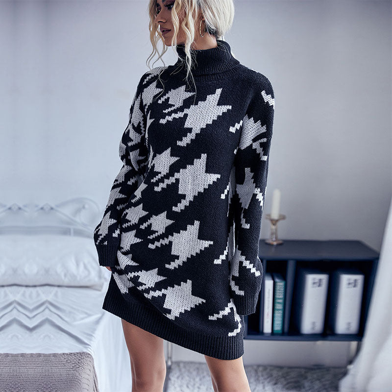 Women's Turtleneck Loose Long-Sleeved Thousand Bird Check Sweater Dress