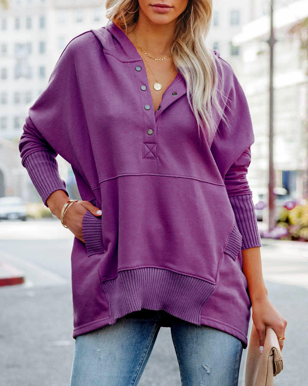 Autumn And Winter New V-Neck Hooded Multi-Color Bat Sleeve Hoodie Loose Thread Stitching Top Woman