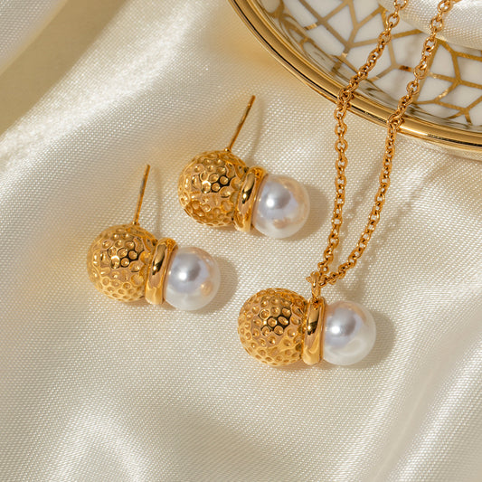 5pcs 18K Gold Stainless Steel Shell Pearl Flower Hammer Pearl Pendant Necklace Earrings Combination