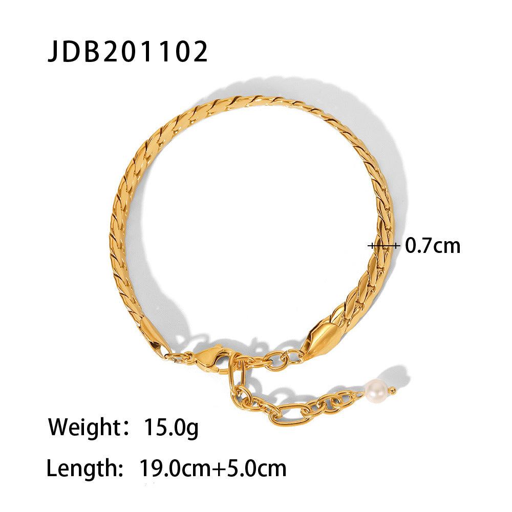 5pcs Simple Pearl Charm Bracelet Women's Jewelry 18K Gold Stainless Steel With Flat Punk Thick Border Cuban Chain Bracelet