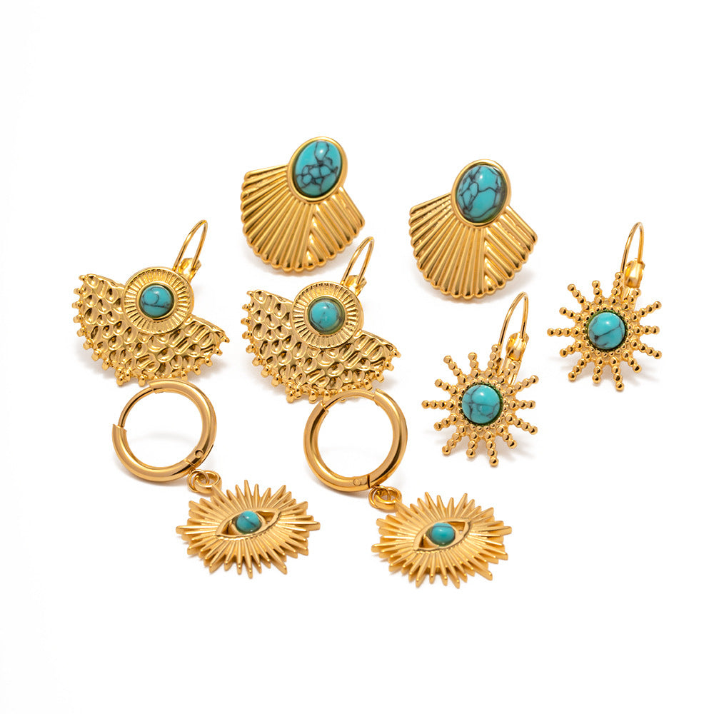 5pcs Green Series Of Niche Titanium Steel Earrings Retro Style High-Grade Non-Fading Turquoise Earrings