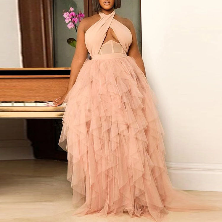 Supply Large Size Women's Dress Evening Gown Wedding Pink Neckline Dress Large Swing Gauze Skirt