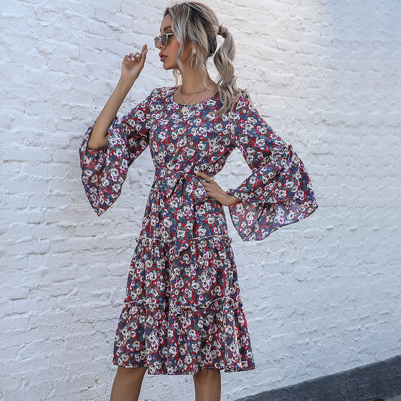 Hot Sales Crew-Neck Printed Lace-Up Long-Sleeved Floral Dress Autumn And Winter