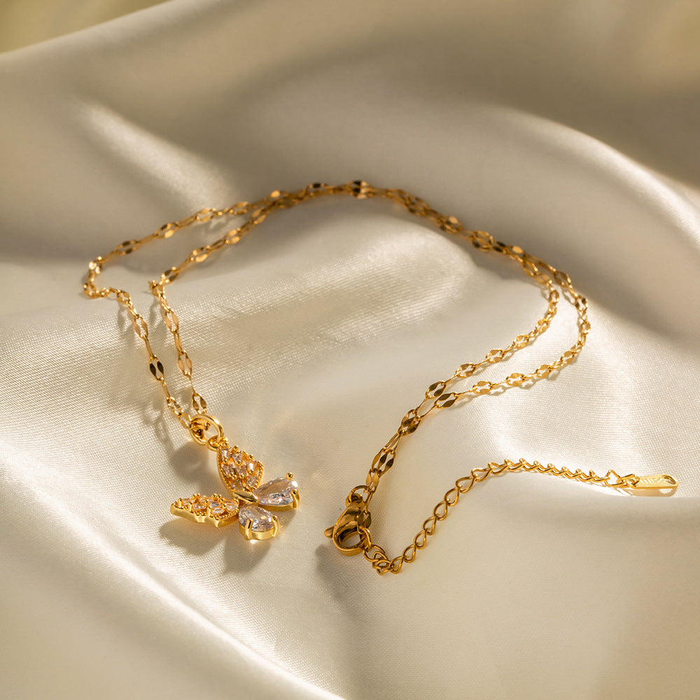 5pcs 18K Gold Stainless Steel Inset White Zircon Butterfly Pendant Necklace Does Not Fade A Niche Jewelry