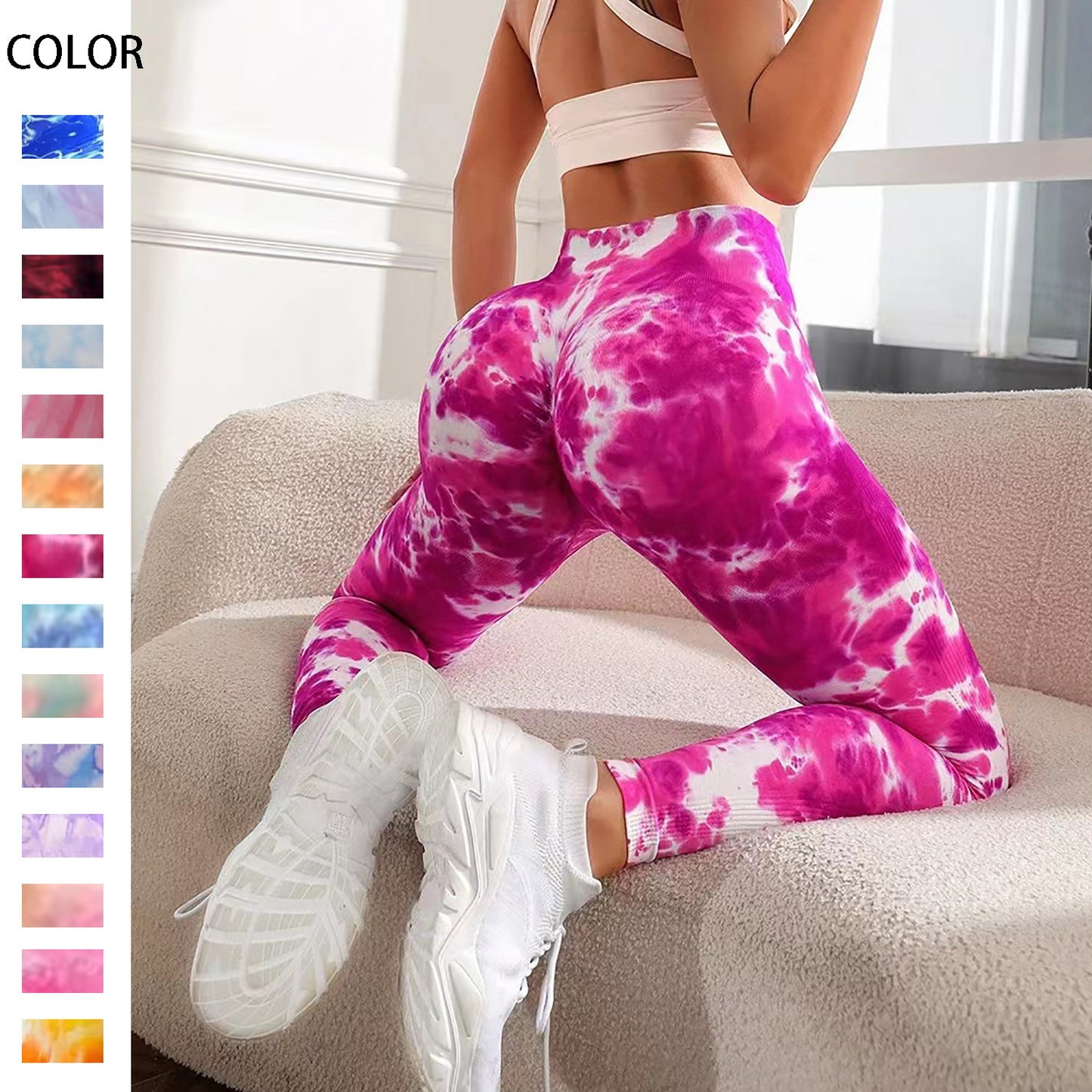 Tight Peach Hip Lift Pants Tied With Floating Yoga High Waist Waist Compression Fitness Pants Seamless Tie-Dye Sports Tights Women