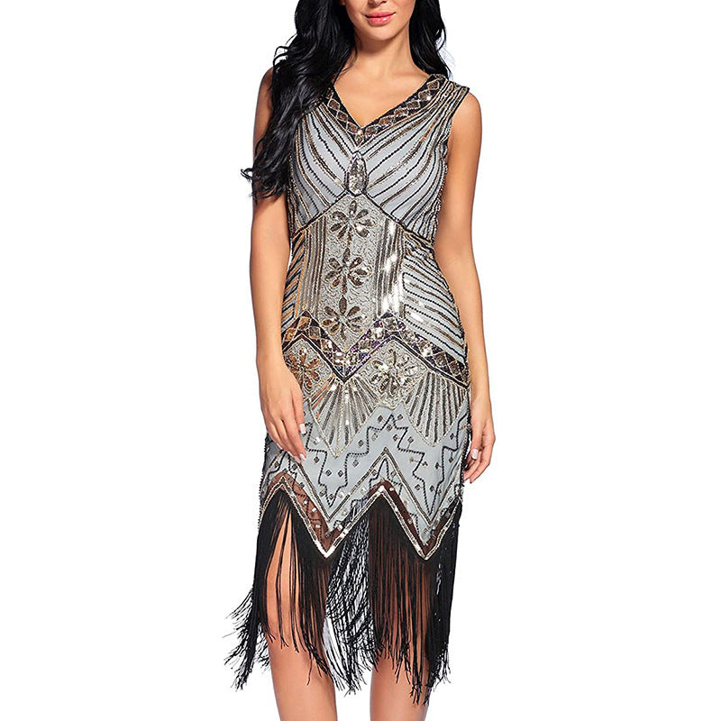 Vintage Style Sequined Beaded Dress Front And Back V-Neck Fashion Fringe Dress Exploded