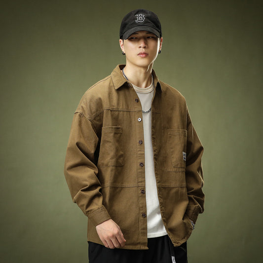 Khaki Overalls Shirt Coat Men's Long-Sleeved Casual Loose Shirt Jacket Fall New Folded Wear