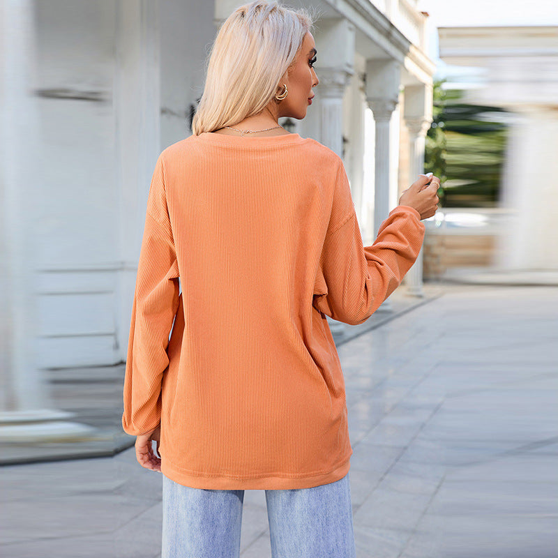 Letter-Printed Simple Hoodless Pullover Round Neck Hoodie Woman Solid Color Long Sleeve Undershirt Woman