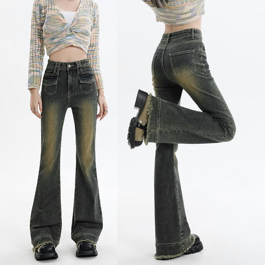 Retro Micro-Cropped Jeans Women Spring And Fall New Stretch Thin Bell Bottoms Design Sense Horseshoe Pants