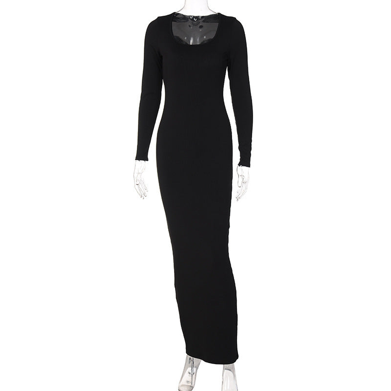 Low-Cut U-Neck Slim-Fit Long-Sleeved Dress Plus Size Fat M Tight Skirt High Fanny Pack Bottom One-Step Dress