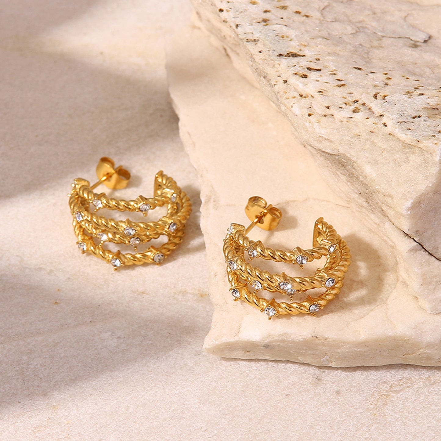 5pcs Ethos Gold Zircon C-Shaped Earrings Fashion Stainless Steel Vacuum Plating Fashion Personality Jewelry Earrings For Women