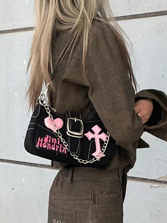 Bag Niche Design Single Shoulder Underarm Bag Chain Millennium Sweet Cool Baguette Bag Y2K Hottie Motorcycle Crossbody Bag