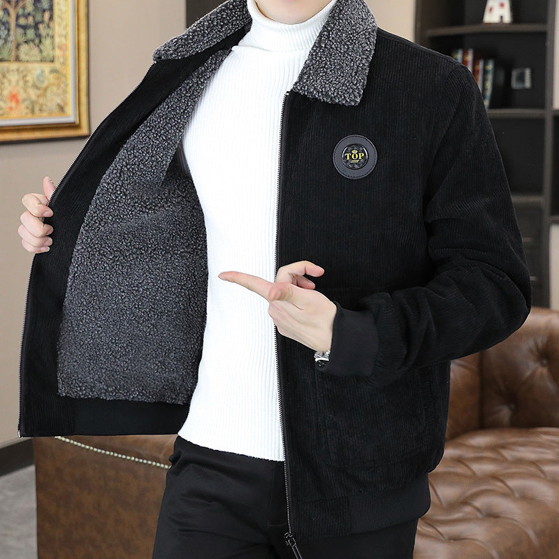 Corduroy Jacket Men's Winter Loose Baseball Uniform Lapel Clothing Plus Fleece Thickened Casual Cargo Jacket