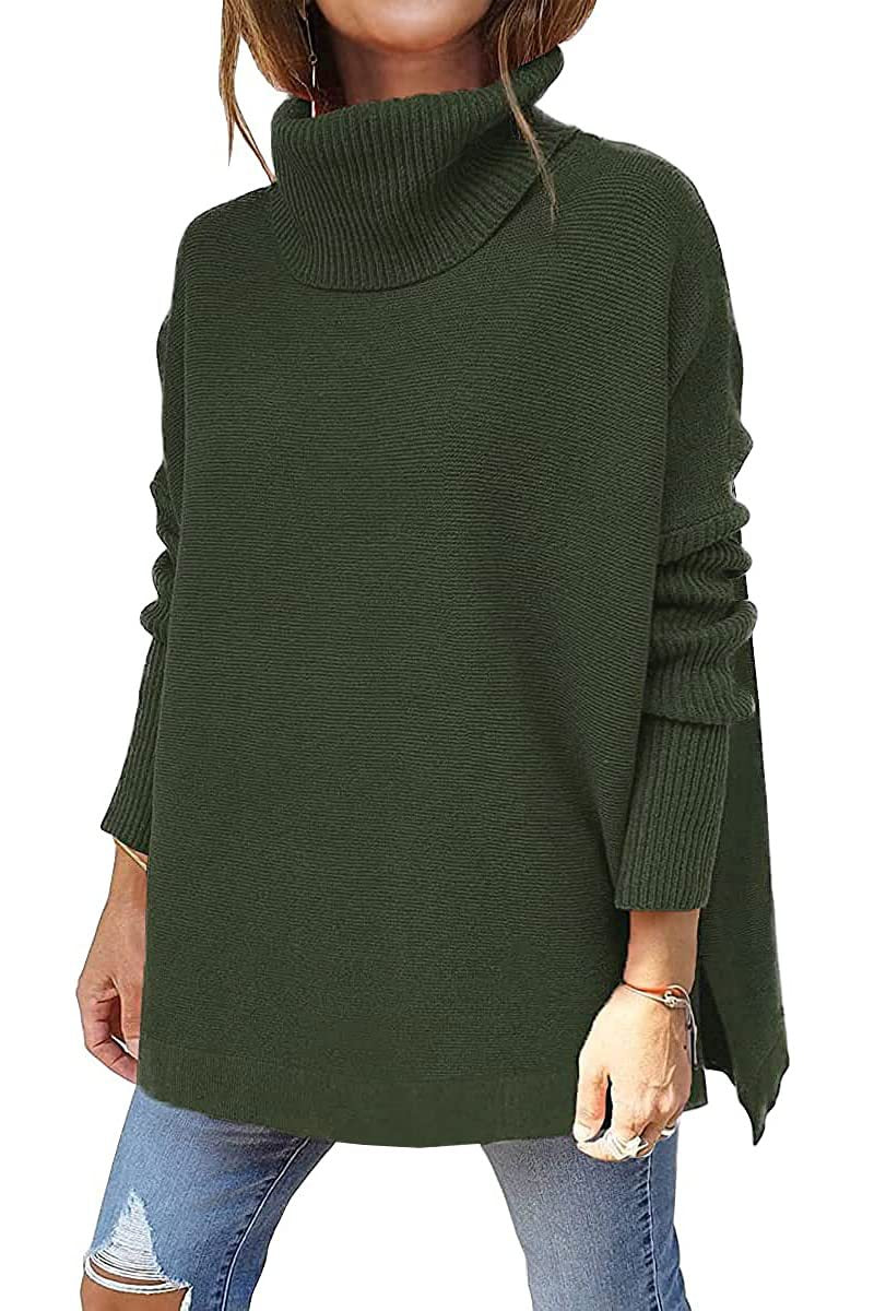 New Women's Turtleneck Oversized Sweater Mid-Length Batwing Sleeve Slit Hem Tunic Jumper
