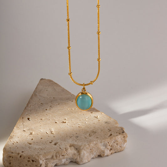 5pcs 18K Gold Plated Stainless Steel Blue Cat-Eye Necklace Does Not Fade Color Niche Design All Matching Accessories