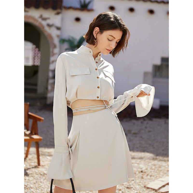 Sensual Lace-Up Long-Sleeved Shirt Skirt Suit