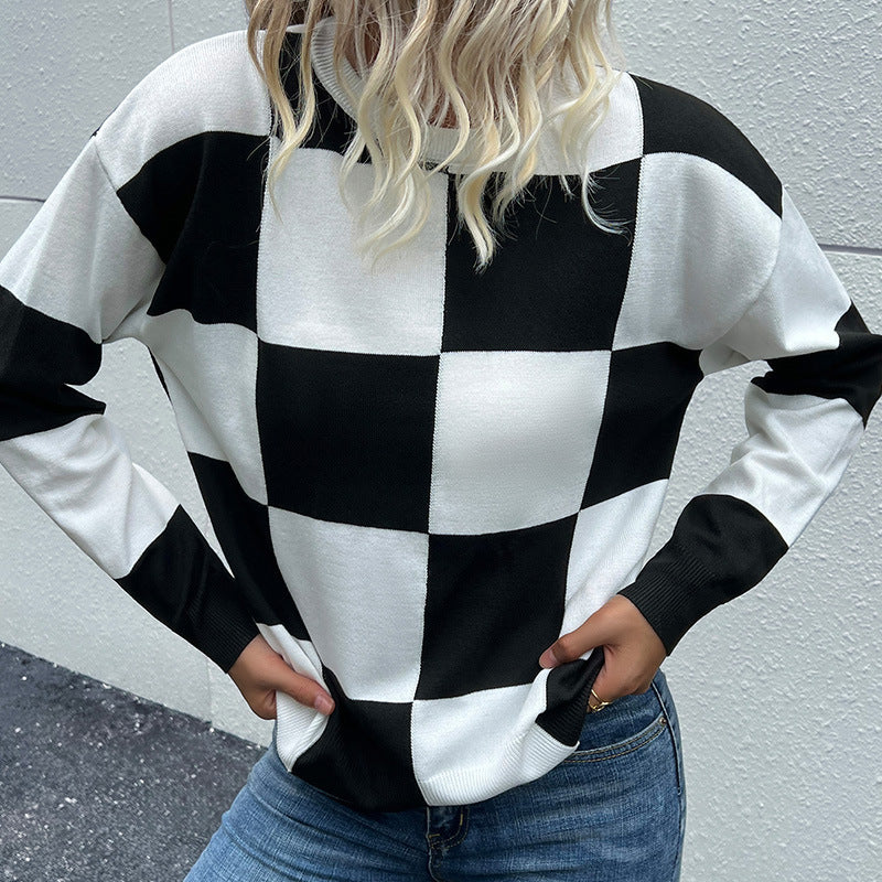 New Autumn And Winter Fashion Women's Long-Sleeved Black And White Checkerboard Sweater