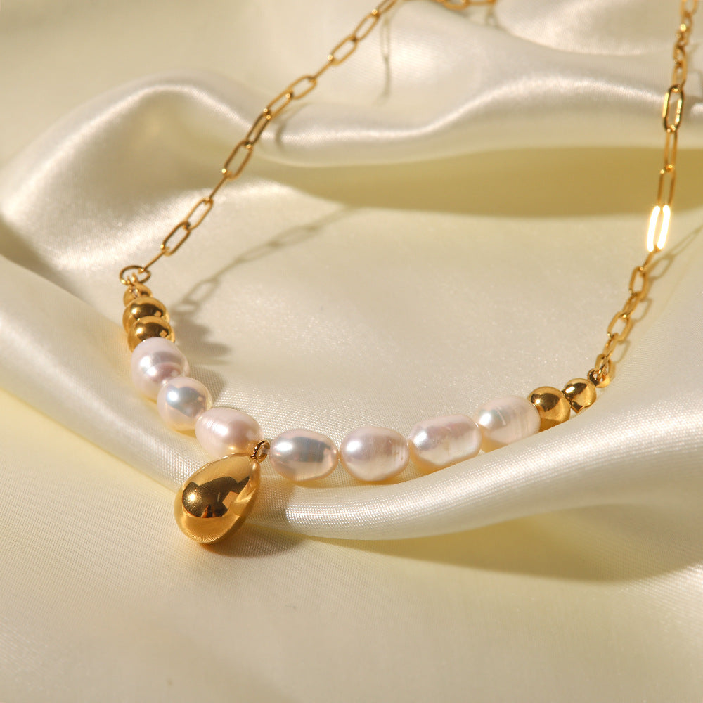 5pcs New 18K Gold Stainless Steel Baroque Light Pearl Necklace Elegant Necklace Jewelry