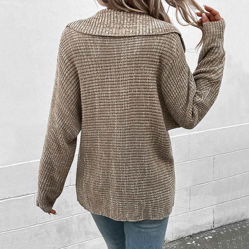 Fashion Women's Autumn And Winter New Solid Color Casual Long-Sleeved Lapel Sweater