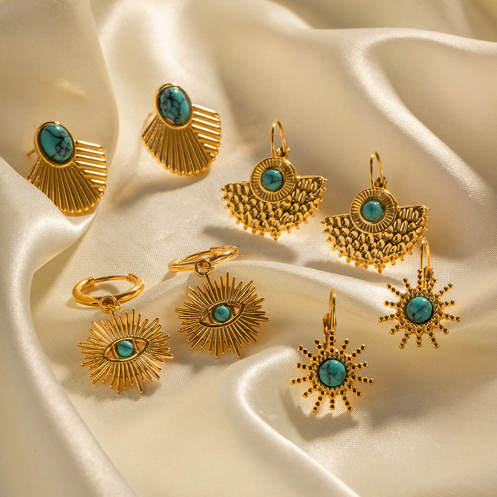 5pcs Green Series Of Niche Titanium Steel Earrings Retro Style High-Grade Non-Fading Turquoise Earrings