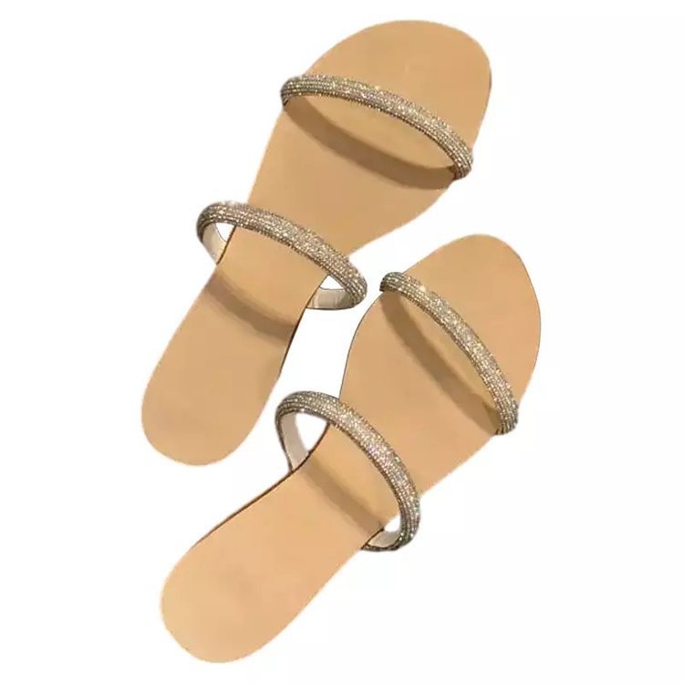 Temperament Sandals Summer New Fairy Wind Line With Diamond Flat Set Toe Slippers Outside To Wear