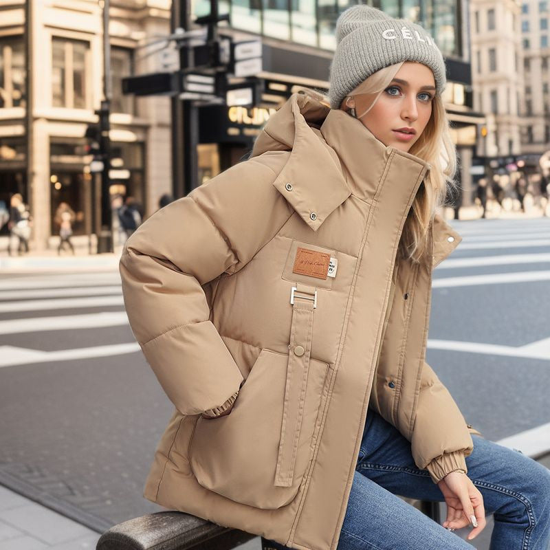 Oversize College Style Fashion Simple Korean Version Hooded Stand Collar Cotton-Padded Coat Female Autumn And Winter Niche Thickened Cotton-Padded Coat