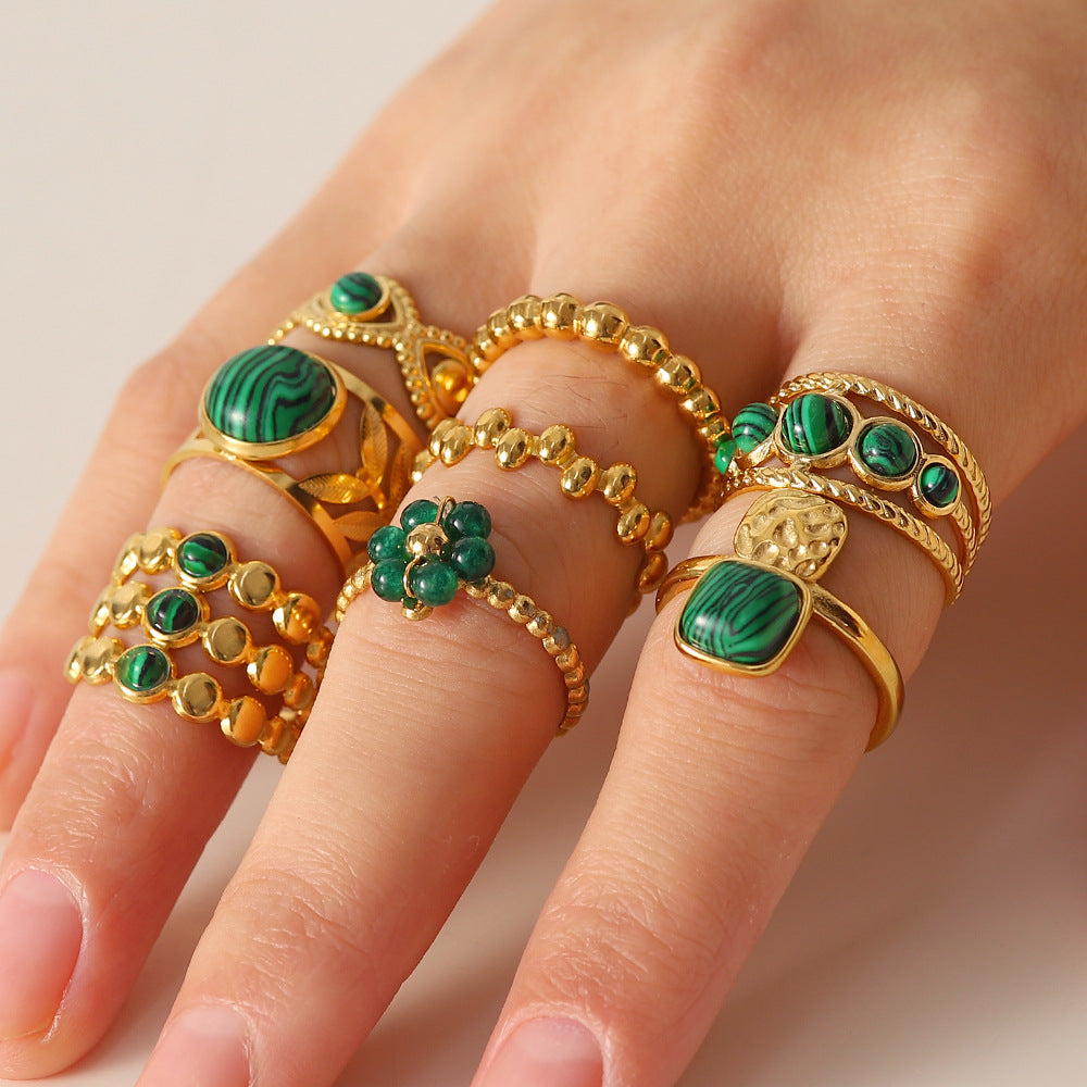 5pcs Light Luxury Temperament High-Grade Sense 18K Gold Green Natural Stone Open Ring Female Cold Retro Ring
