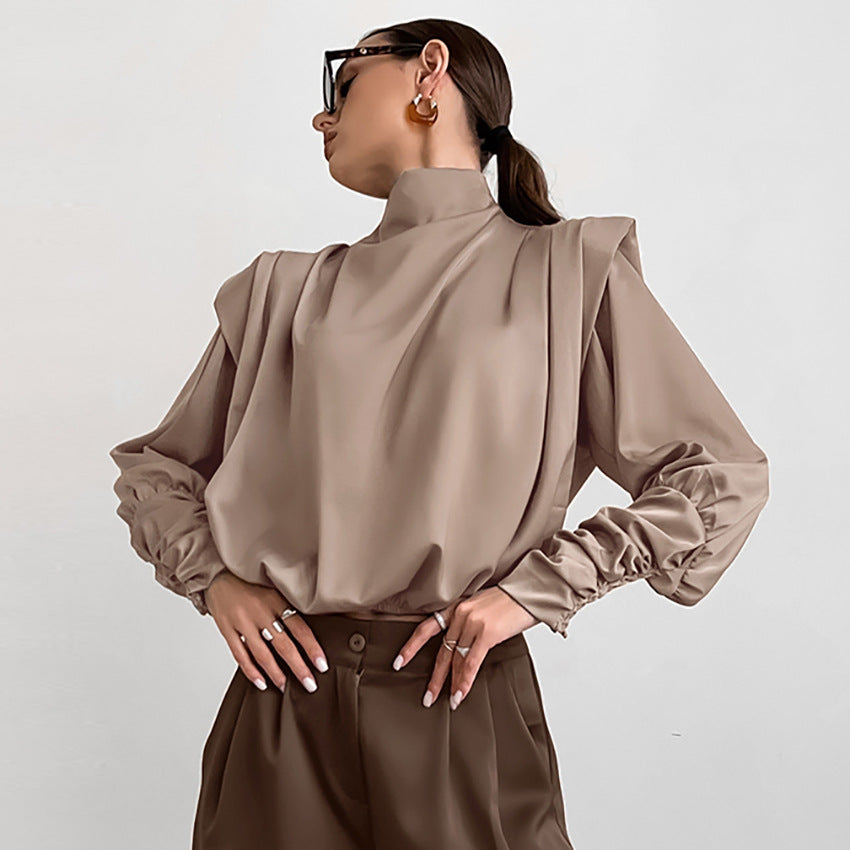 Brown Thin Soft Matte Color Ding High-Neck Lantern Sleeve Shirt New Fall Fashion Commuter Woman