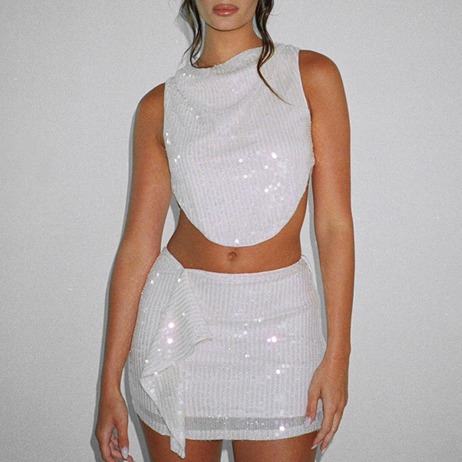 Spice Girls Wearing Glitzy Sequsleeveless Crop Top Pack Hip Skirt Sexy Two-Piece Suit Women