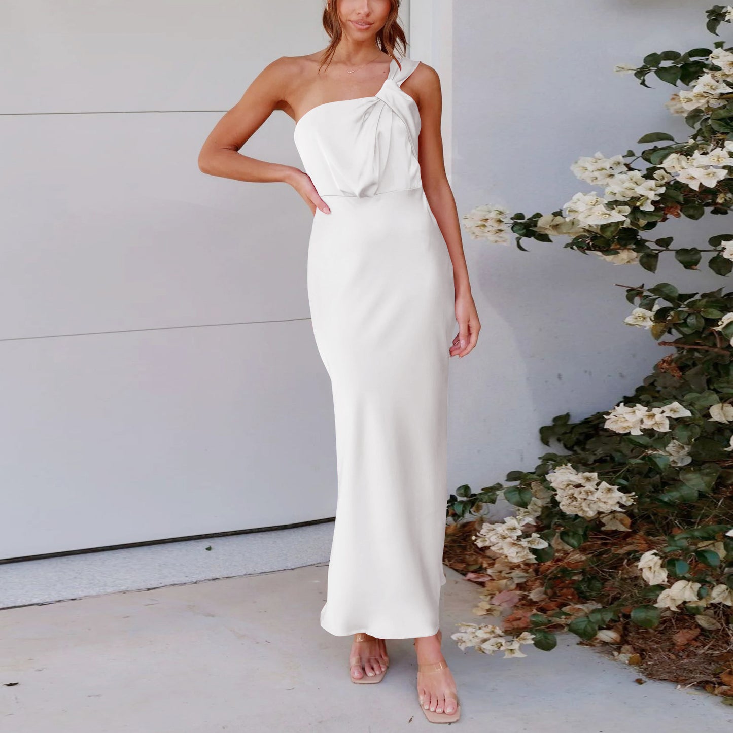 New Acetic Women's Elegant One-Shoulder Satin Toasting Dress Bridesmaid Dress Slim Dress