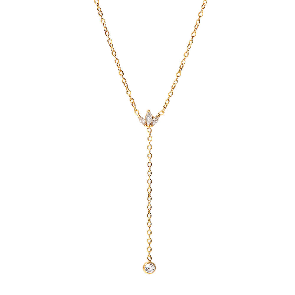 5pcs Fine Women's Fashion All-Match Titanium Steel Necklace 18K Gold Single Crown White Zircon Pendant Necklace